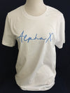 White with Blue Script Alpha Xi Tee